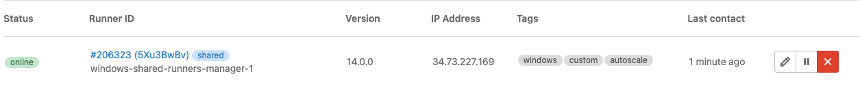 Admin area showing the IP address column for an instance runner