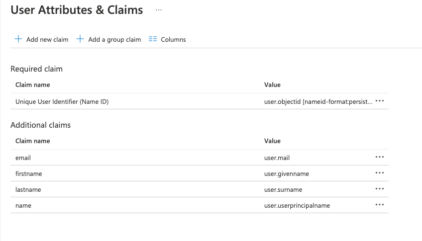 The user claims and attributes configuration in Azure Active Directory.