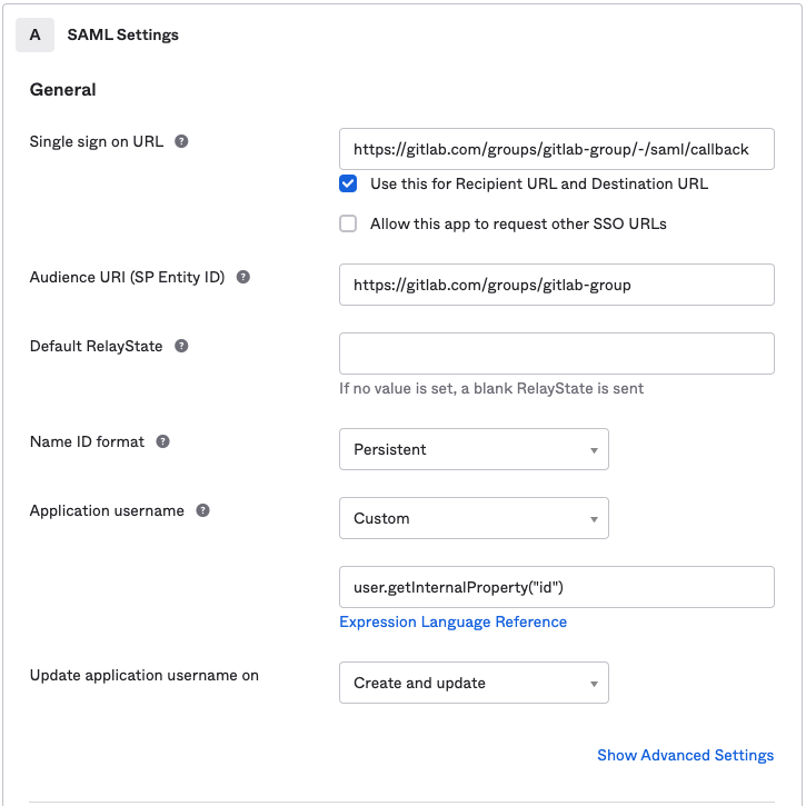 The basic SAML app configuration settings for GitLab.com groups in Okta.