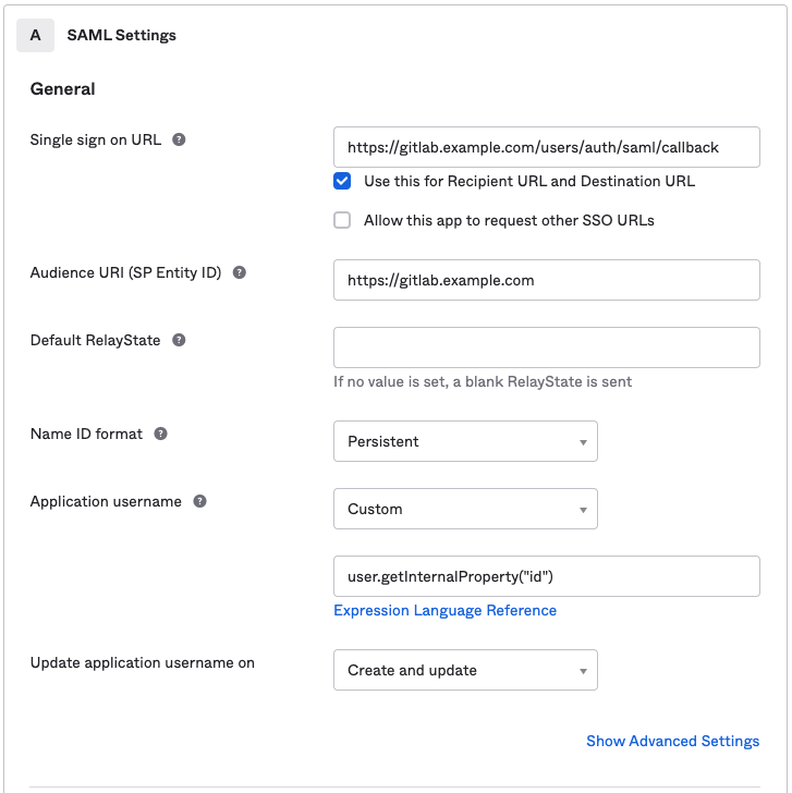 The basic SAML app configuration settings for GitLab Self-Managed in the Okta admin panel.