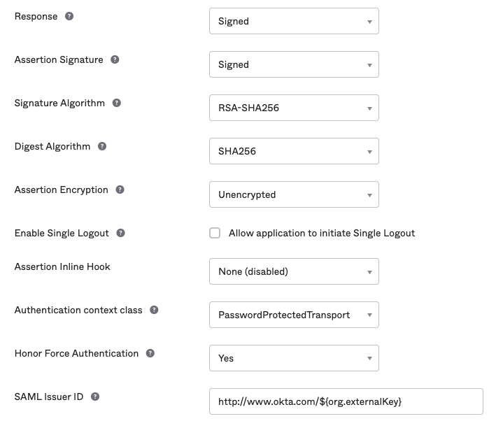 The advanced SAML app settings and their default values in Okta.