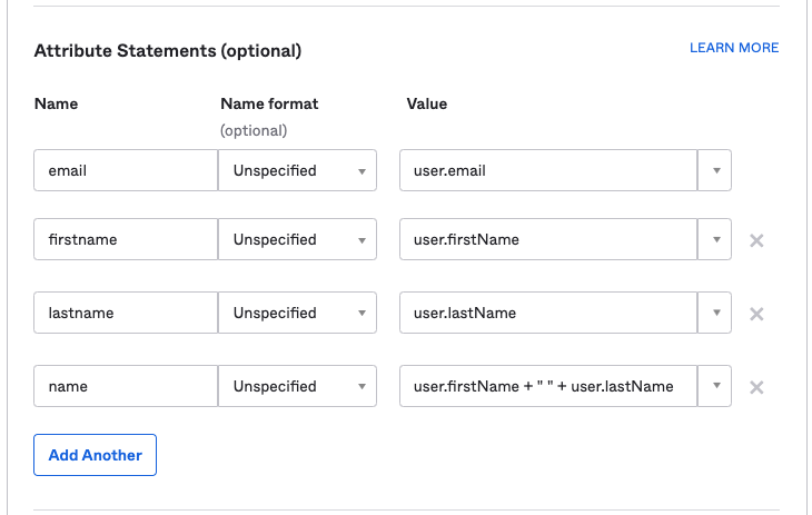 The user claims and attributes configuration in Okta.