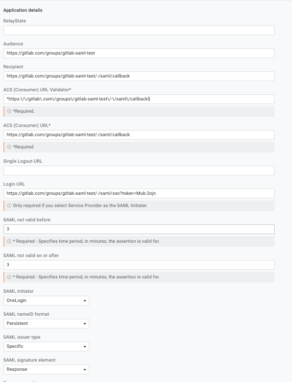 The basic application details and configuration settings in OneLogin.