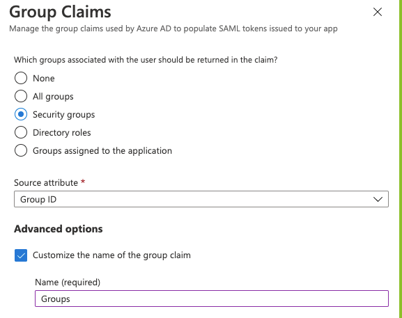 The group claims configuration for SAML in Azure Active Directory.