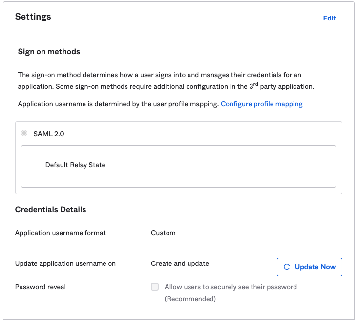 The SAML sign-on settings in the Okta configuration.