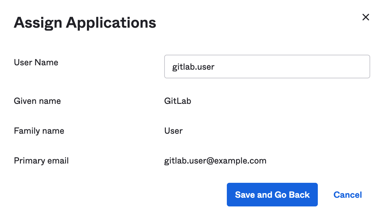 The interface for assigning a SCIM application to users and setting their username in Okta.
