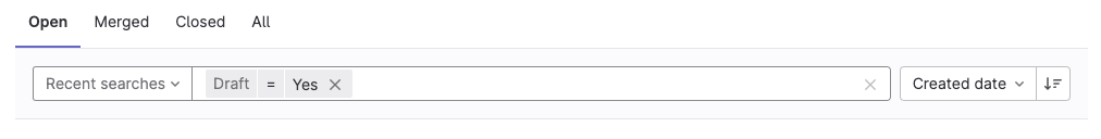 The merge request filter dropdown list showing draft filter options with selection options.