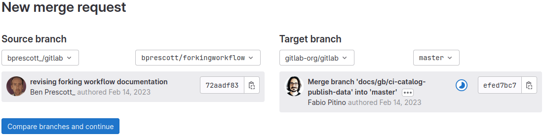 The dropdown list for selecting the target branch in the upstream repository.